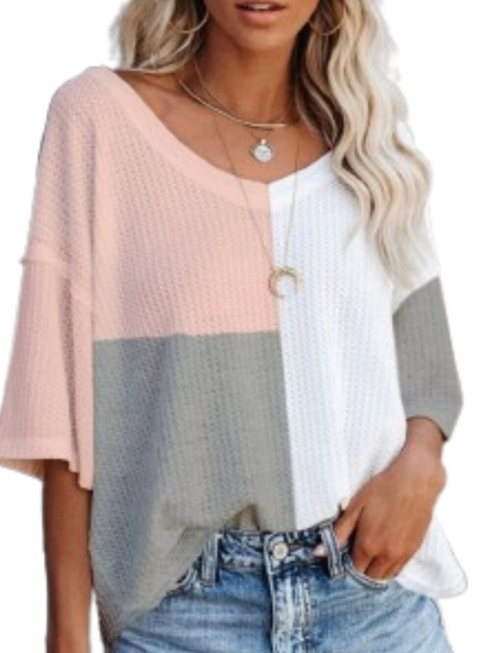 Liam & Co Waffle Colorblock V-Neck Top - Pink/White/Gray Sz Lg